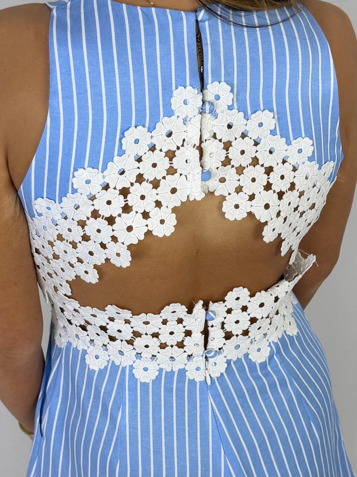 Pinstripe White Floral Crochet Detail Cut Out Back Playsuit