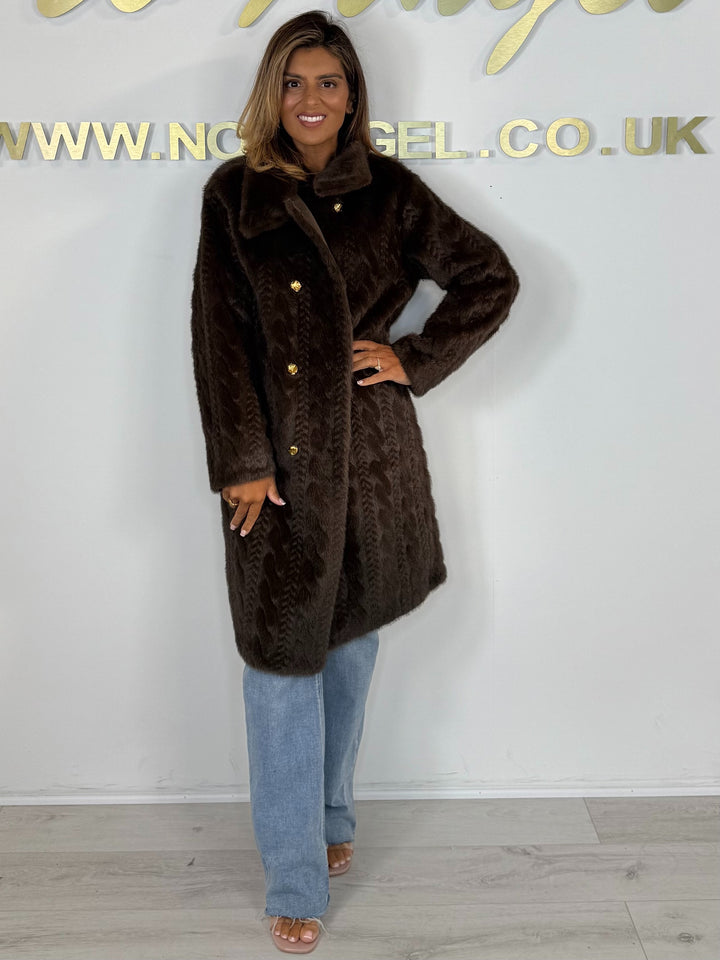 Faux Fur Cable Design Double Breasted Gold Button Long Jacket (2 Colours)