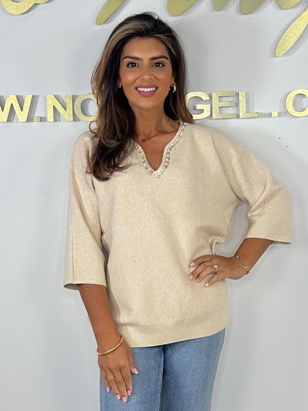 Soft Knit V-Neck Pearl Trim Jumper (6 Colours)