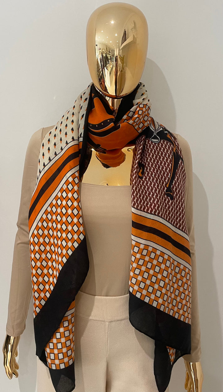 Soft Knit Black/Orange Horse Check Print Scarf