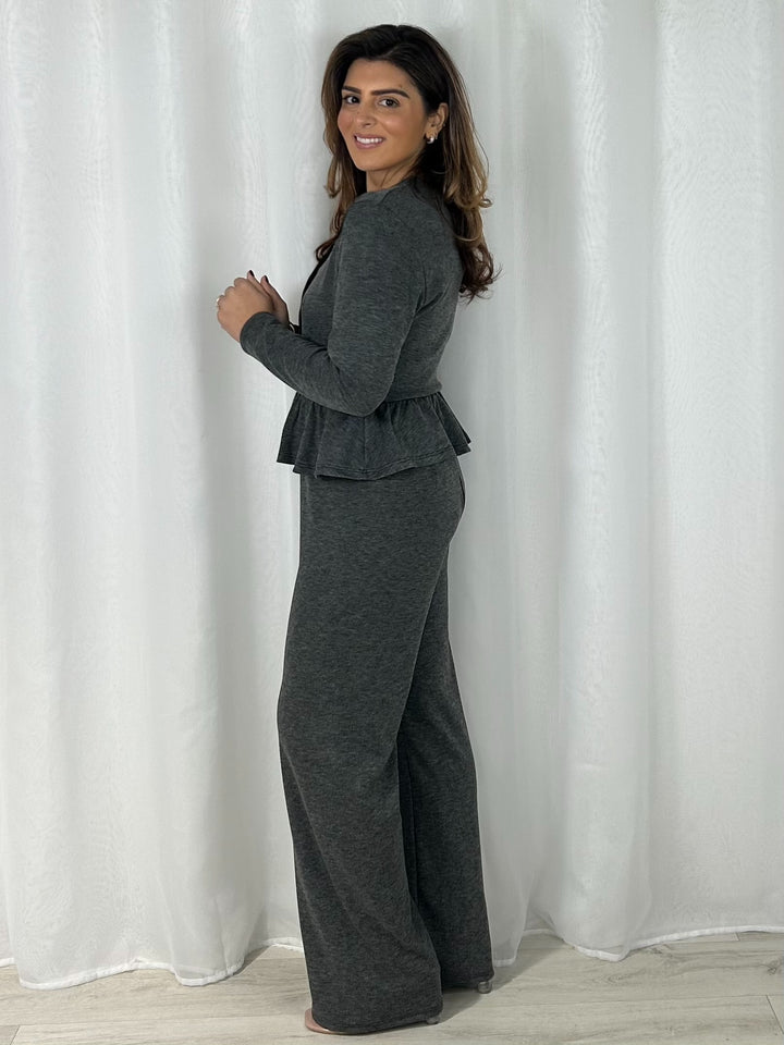 Long Sleeve Peplum V-Neck Top & Straight Leg Trouser Co-Ord (3 Colours)