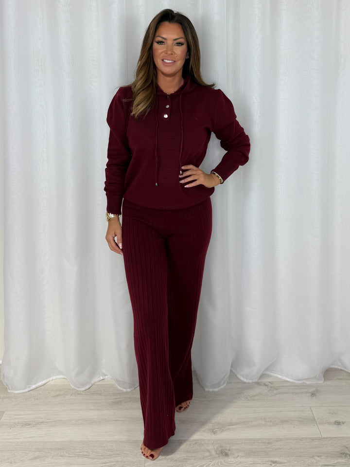 Button Hooded Drawstring Ribbed Jumper & Trouser Co-Ord (6 Colours)