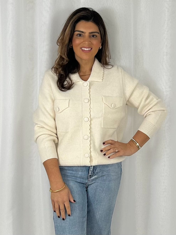 Collared Scalloped Edge Pocket Cardigan (3 Colours)