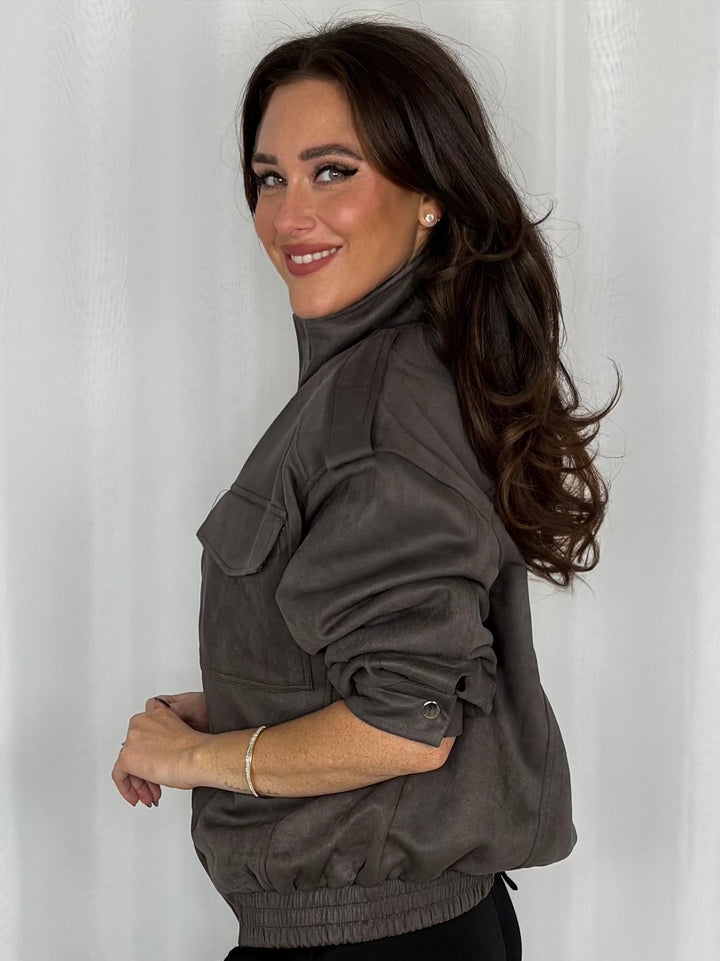 Faux Suede High Neck Utility Jacket (2 Colours)