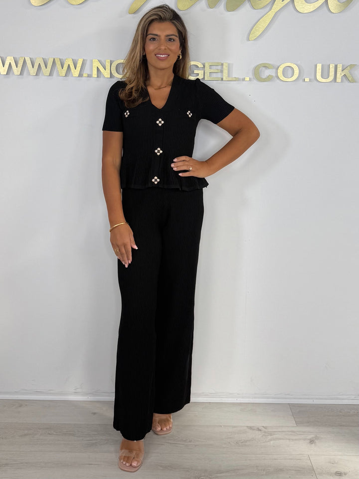 Ribbed V-Neck Pearl Trim Flower Pendant Peplum Top & Trouser Co-ord (2 Colours)