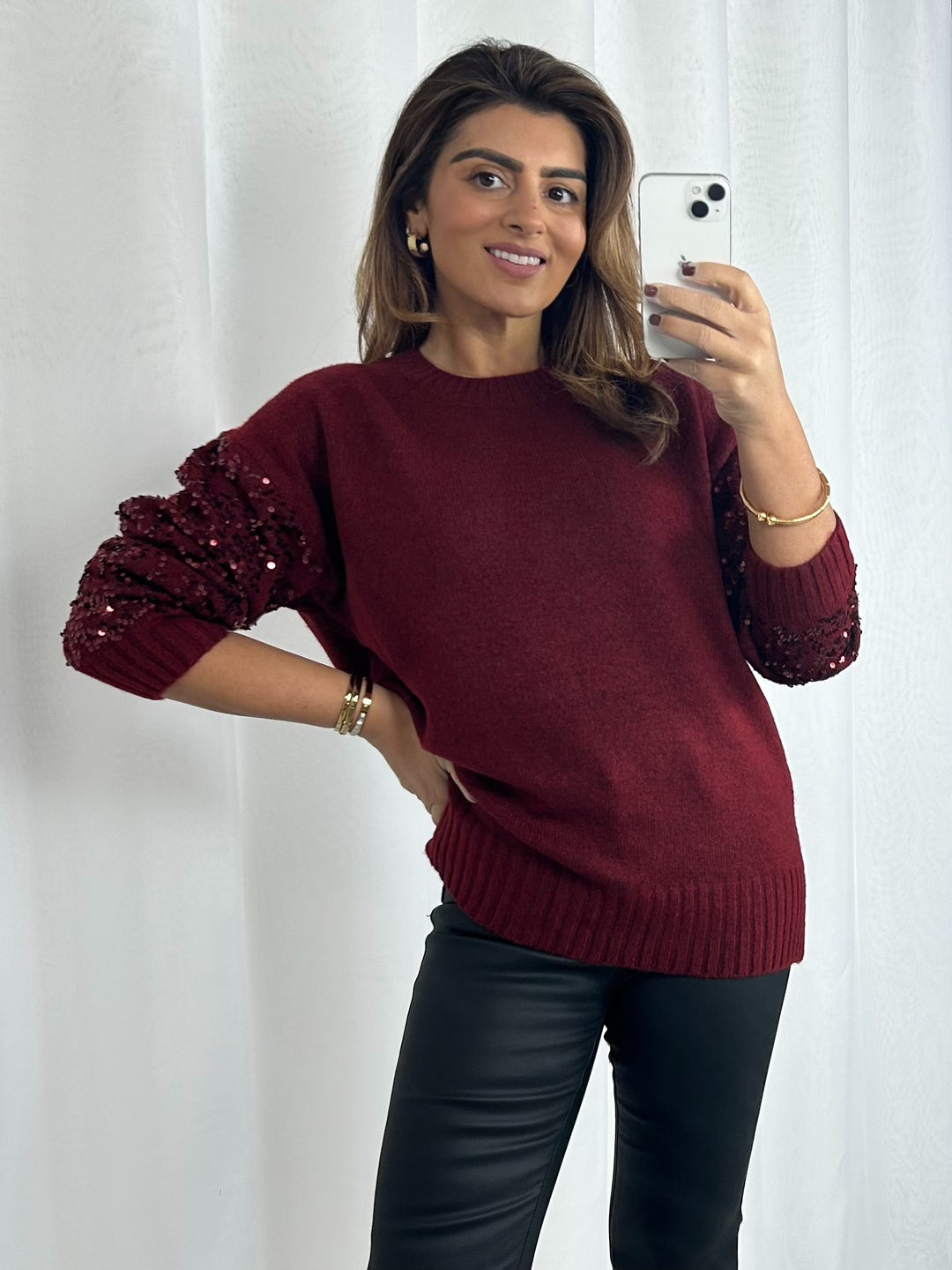 Soft Knit Round Neck Sequin Sleeve Jumper (4 Colours)