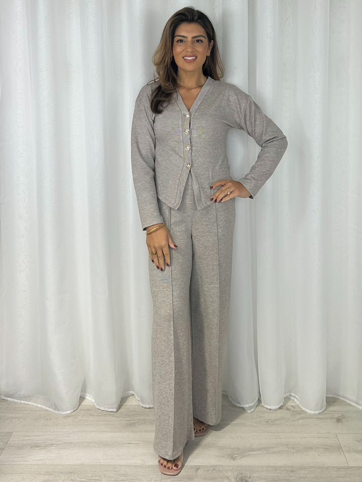 Gold Button Up V-Neck Straight Leg Trouser Co-Ord (3 Colours)