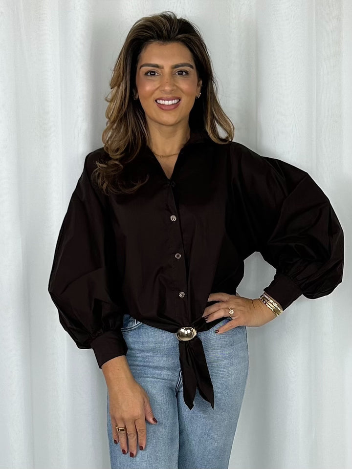 Collared Balloon Sleeve Gold Hardware Tie Front Shirt (4 Colours)