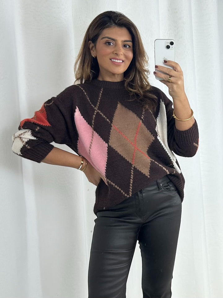 Brown Diamond Print Soft Knit Jumper