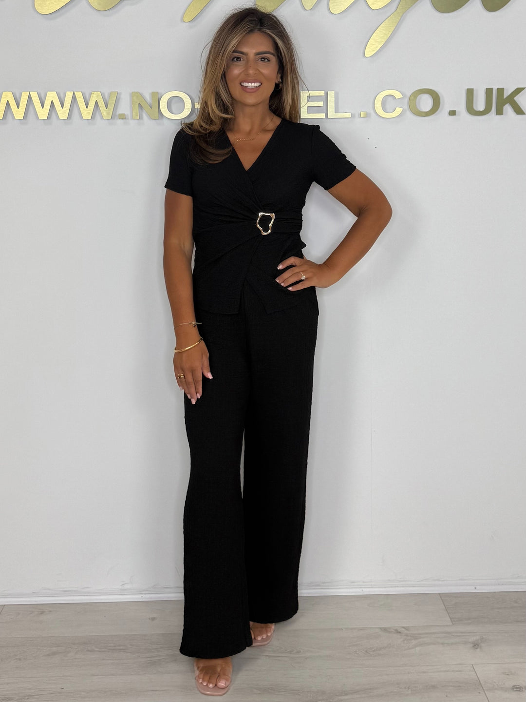 Textured Wrap Over Gold Buckle Top & Trouser Co-ord (3 Colours)