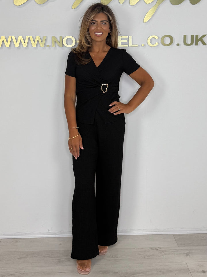 Textured Wrap Over Gold Buckle Top & Trouser Co-ord (3 Colours)