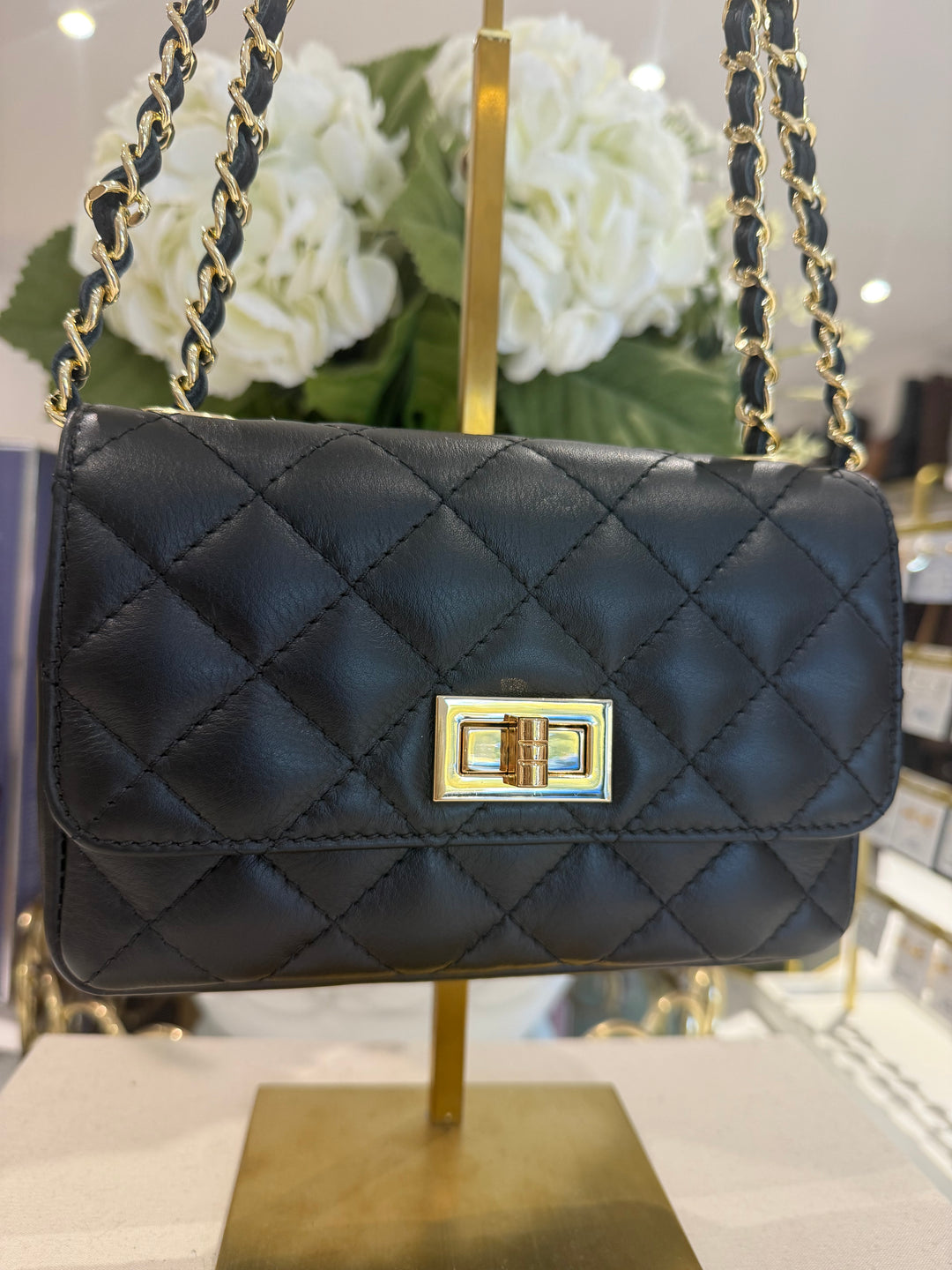 Genuine Leather Quilted Turn Lock Chain Handle Handbag (8 Colours)