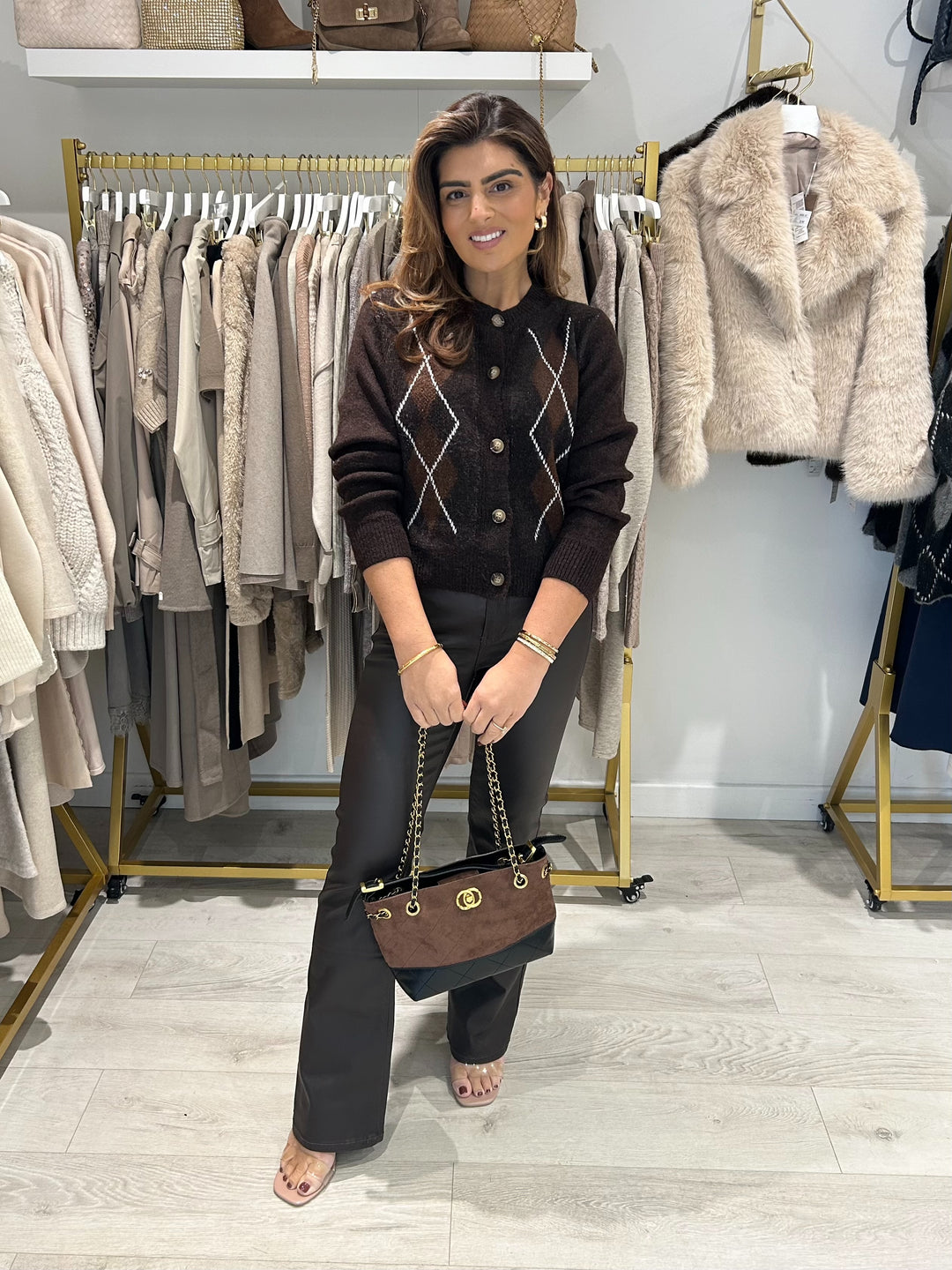 Diamond Print Chocolate/White Cardigan