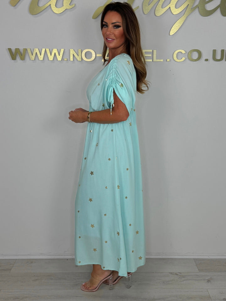 V-Neck Bell Sleeve Gold Sequin Flower Detail Maxi Dress (2 Colours)