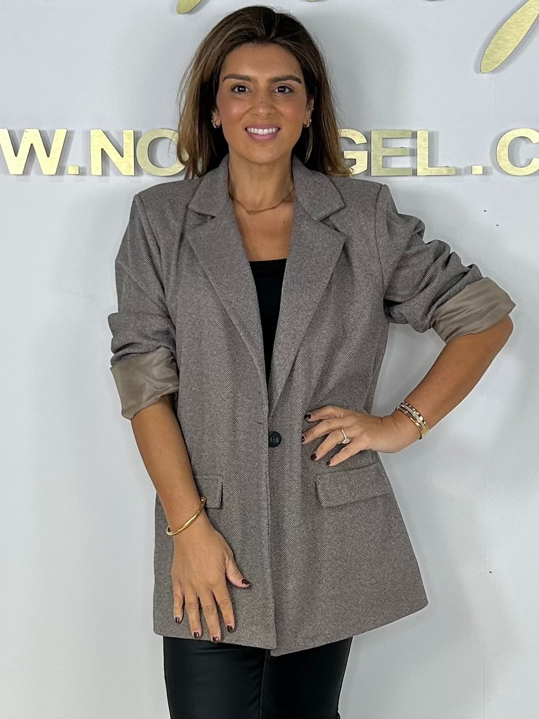 Herringbone Pattern One Button Longline Oversized Blazer (2 Colours)