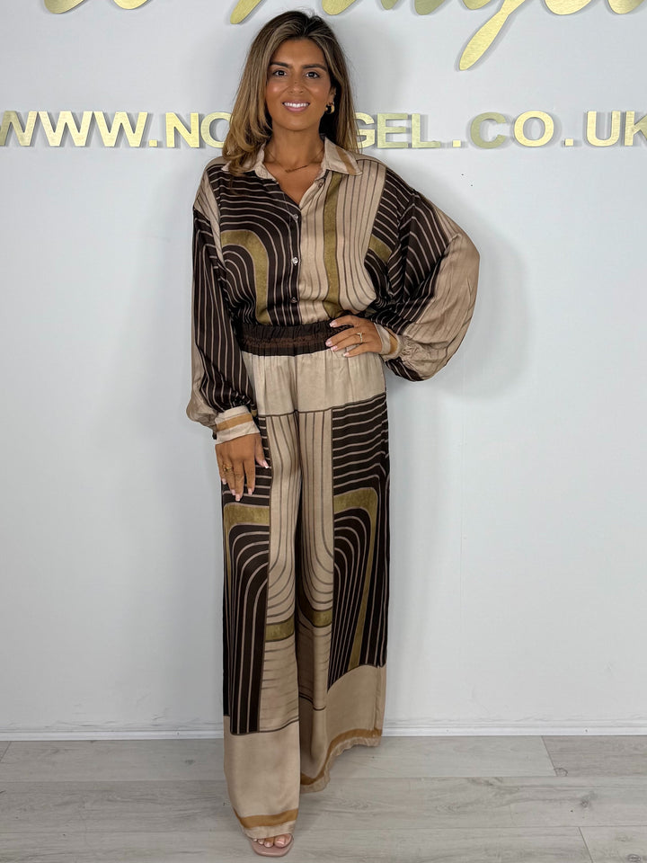 Block Stripe Print Satin Shirt & Trouser Co-Ord
