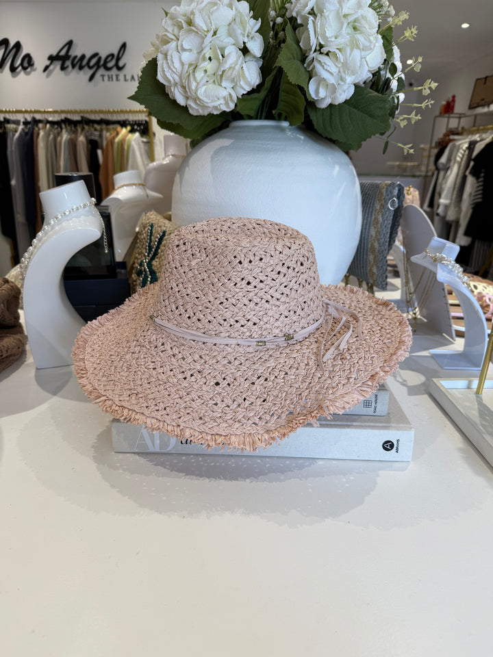 Bow Beaded Woven Frayed Edge Hat ( 2 Colours)