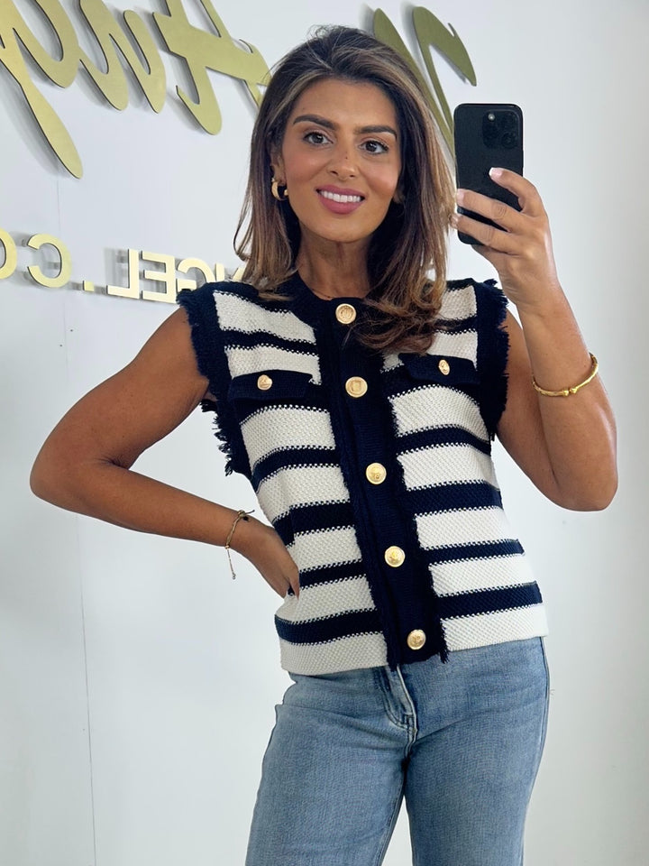 Navy Stripe Frayed Gold Button Top