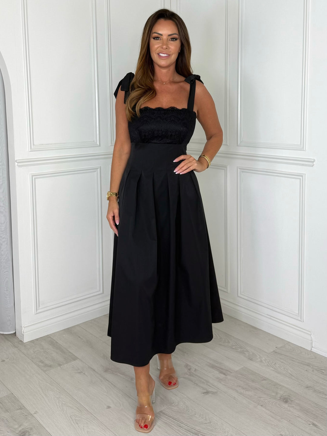 Riviera - Lace Tie-Shoulder Midi Dress (Black)