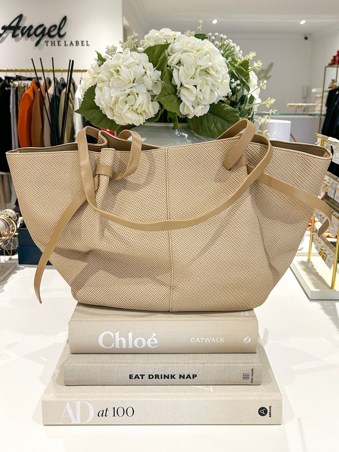 Beige Two Toned Gold Clasp Handbag