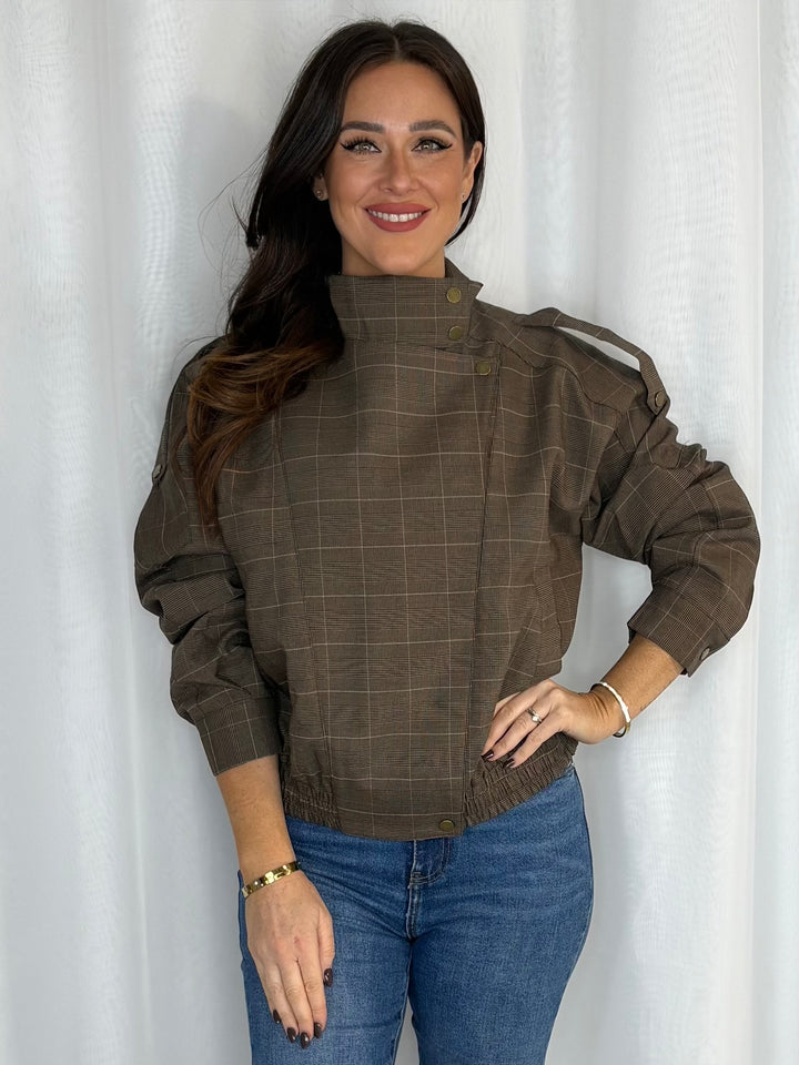 Checked High Neck Bomber Jacket With Gold Button Detail