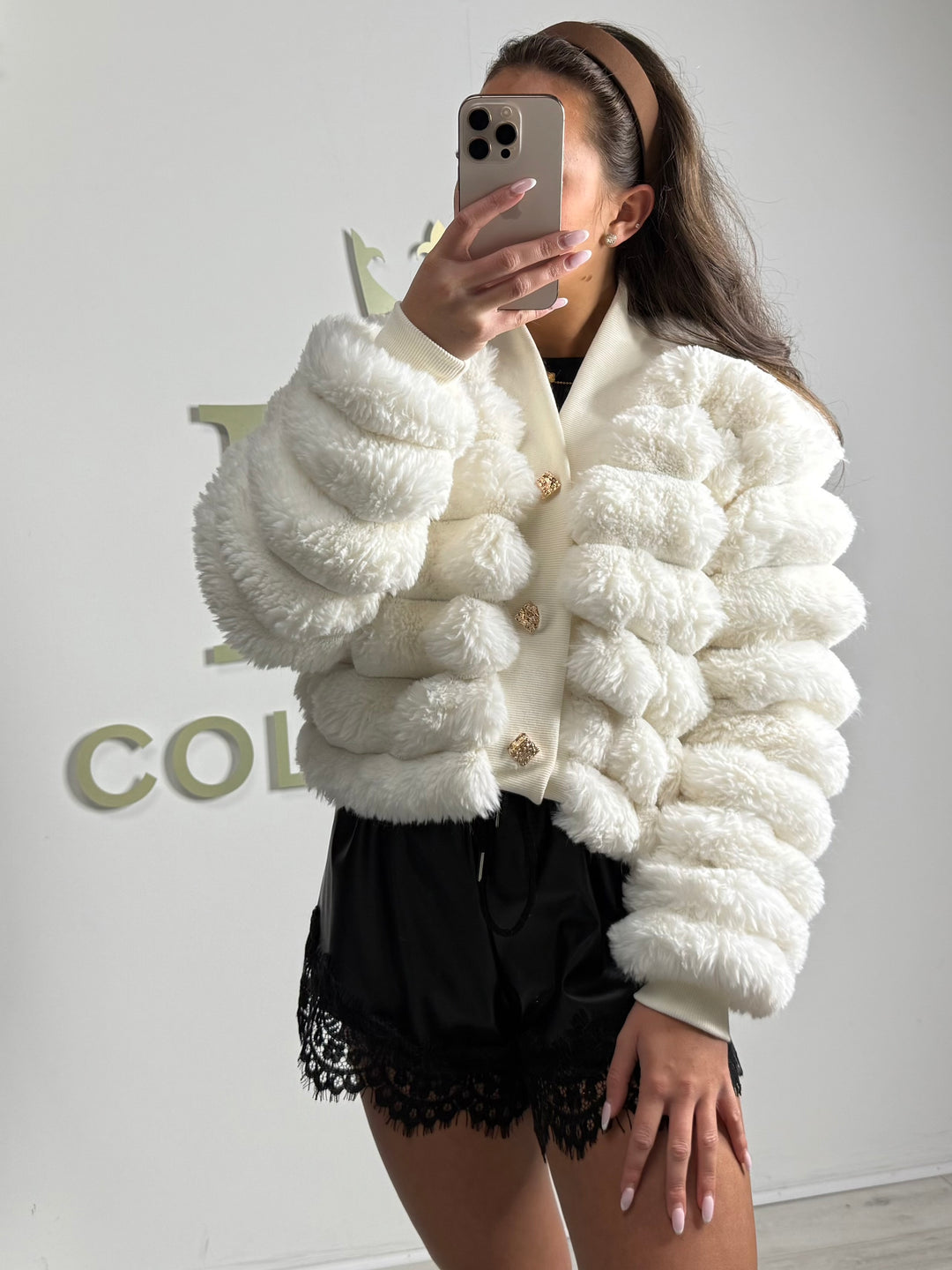 Faux Fur Bubble Detail Gold Button Cardigan (2 Colours)