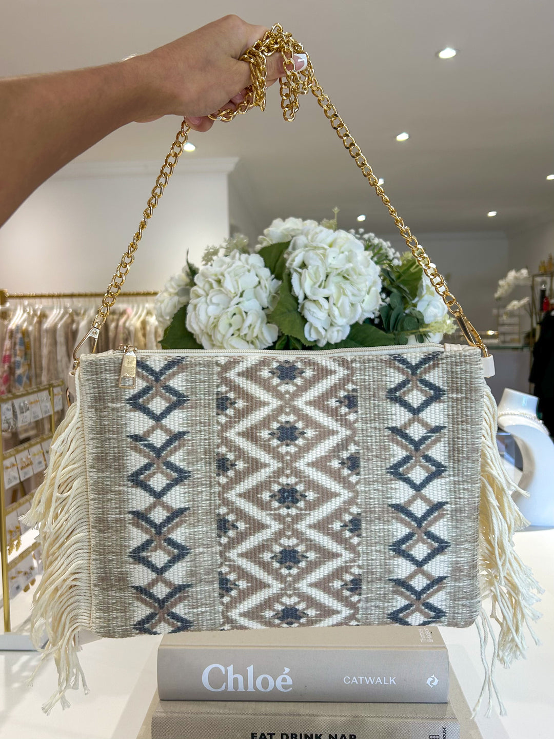 Aztec Diamond Tassel Detail Clutch Bag