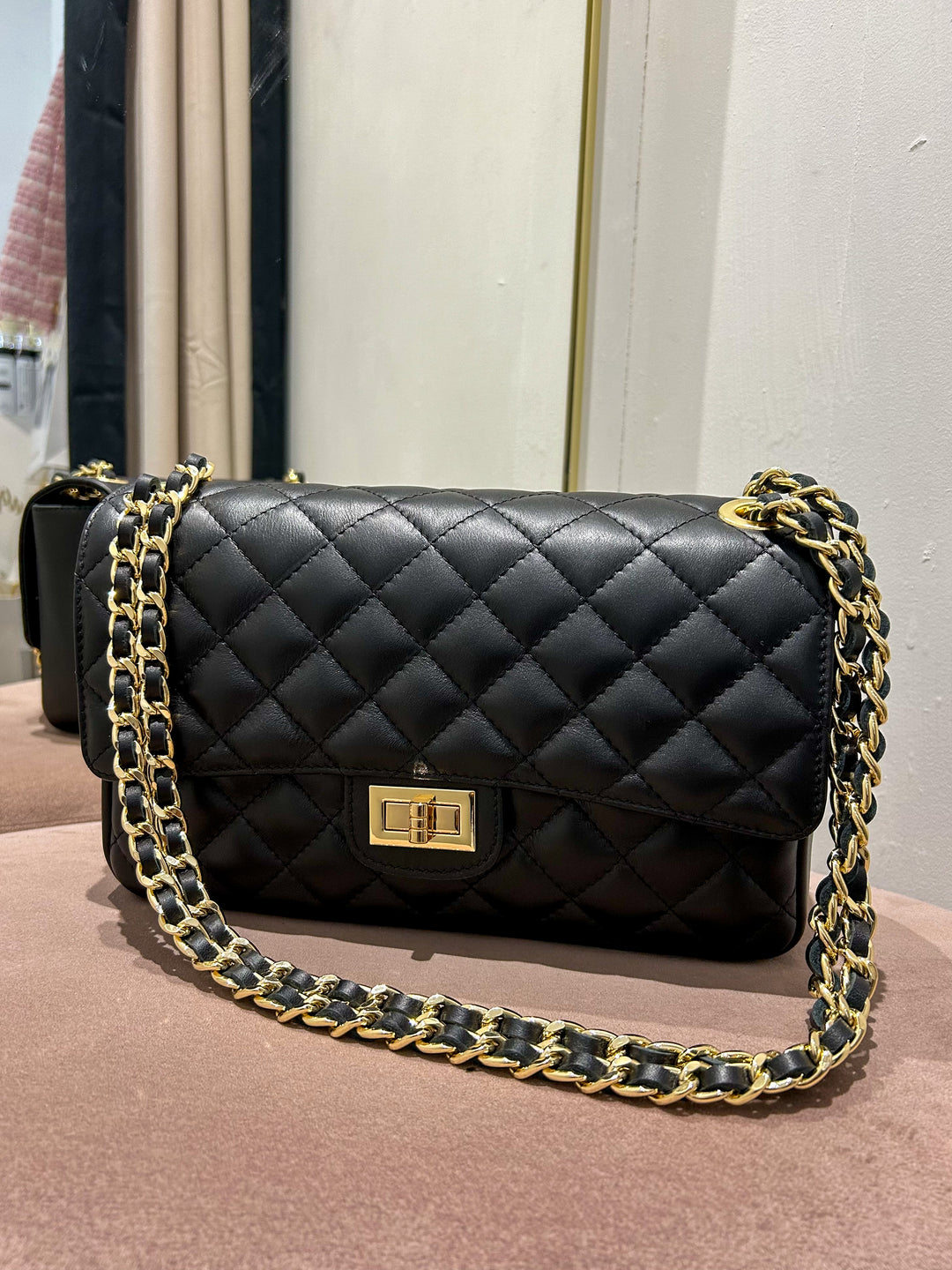 Large Genuine Leather Quilted Turn Lock Chain Handle Handbag (2 Colours)