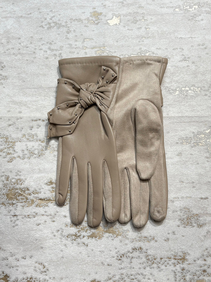 Faux Leather Gloves Studded With Bow (6 Colours)