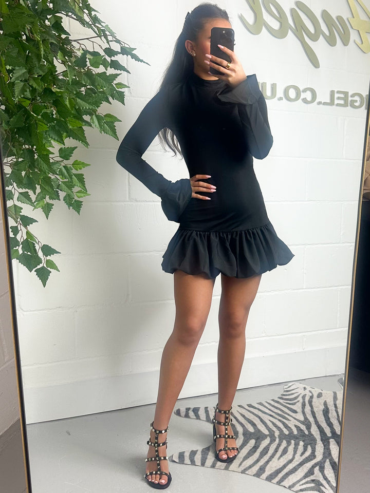 Frill Sleeve & Bottom Lycra Mini Dress (2 Colours)