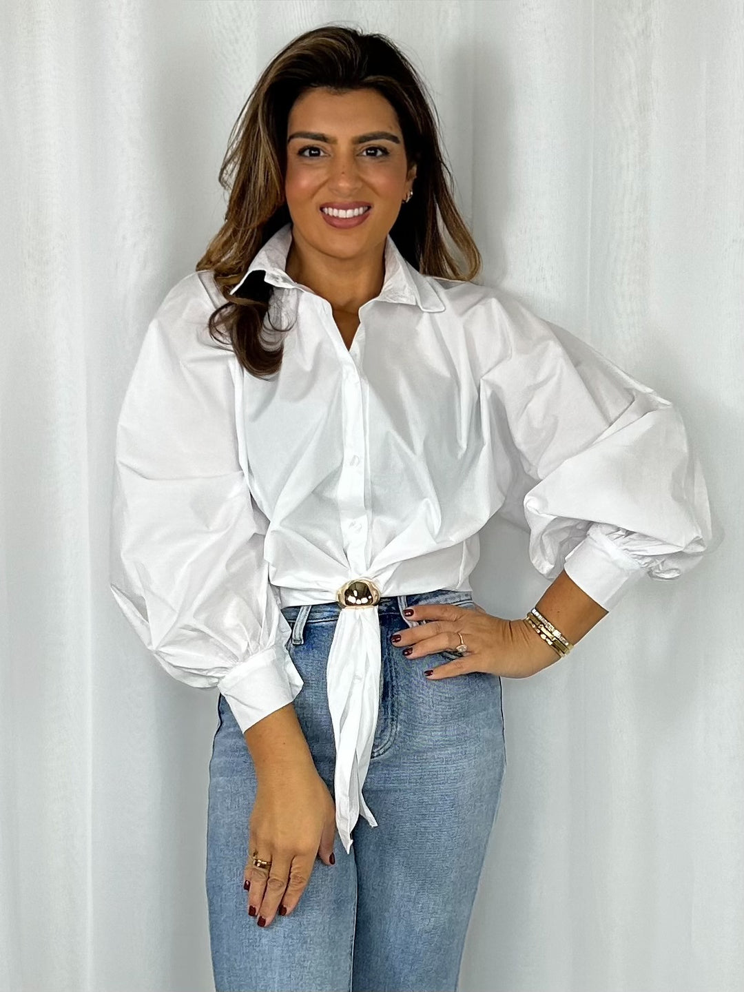 Collared Balloon Sleeve Gold Hardware Tie Front Shirt (4 Colours)