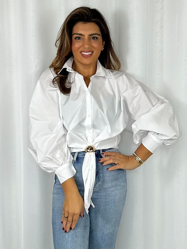 Collared Balloon Sleeve Gold Hardware Tie Front Shirt (4 Colours)
