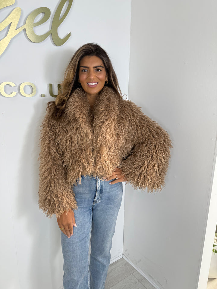 Faux Shaggy Fur Cropped Collared Coat