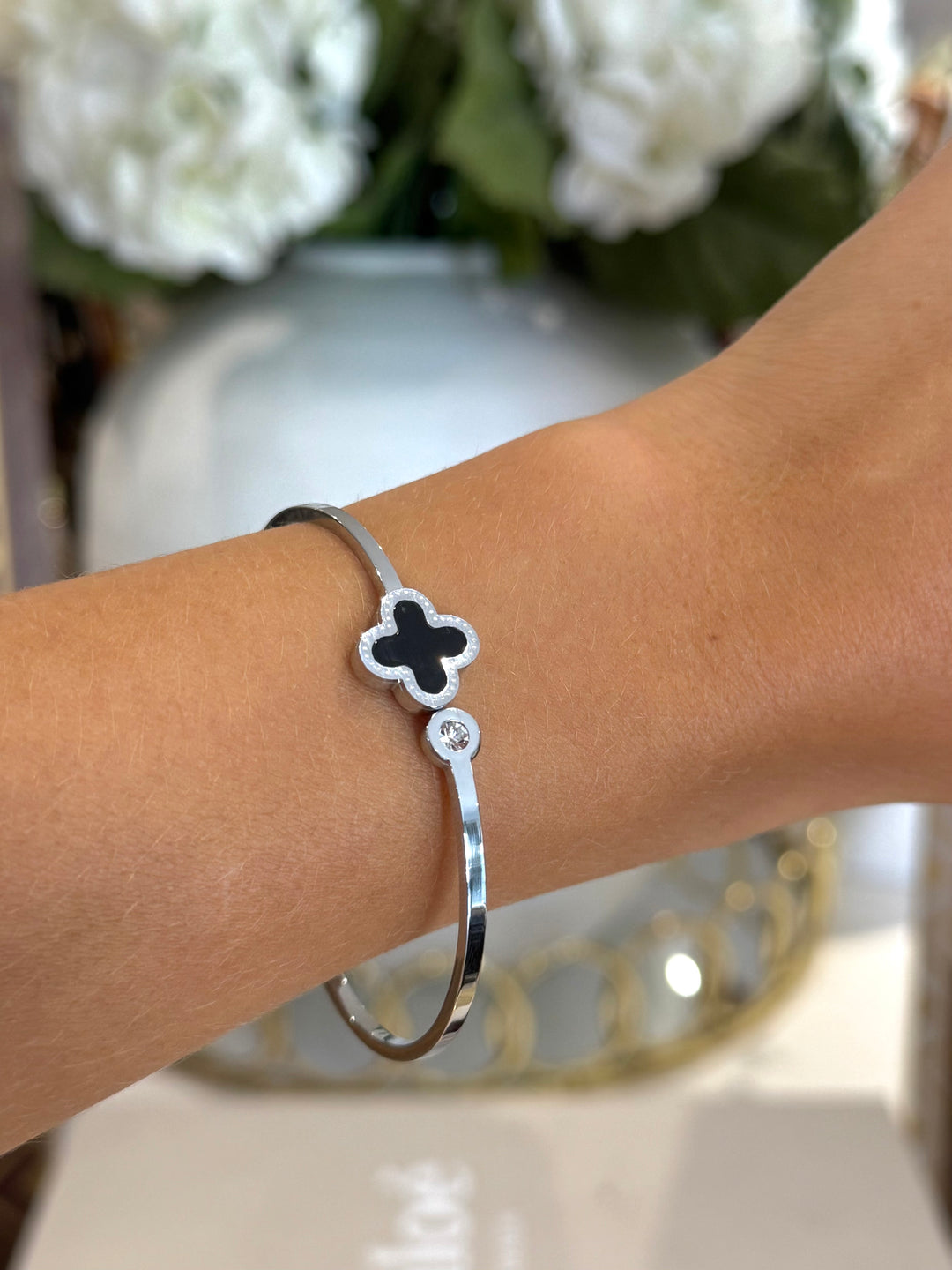 Silver And Black Clover Bracelet