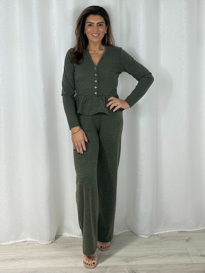 Long Sleeve Peplum V-Neck Top & Straight Leg Trouser Co-Ord (3 Colours)