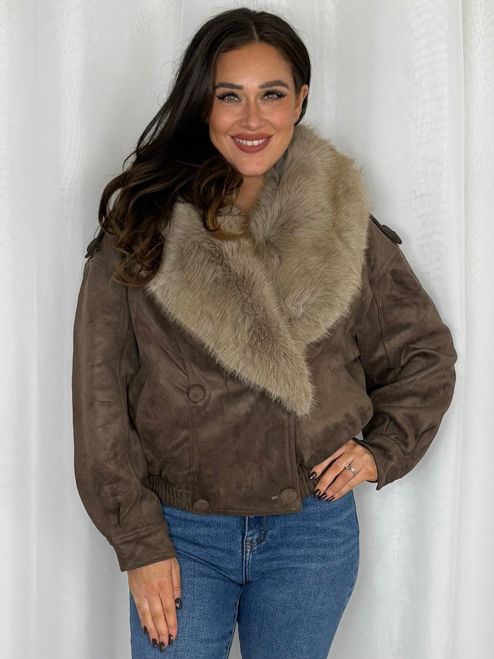 Faux Suede Jacket With Statement Faux Full Collar