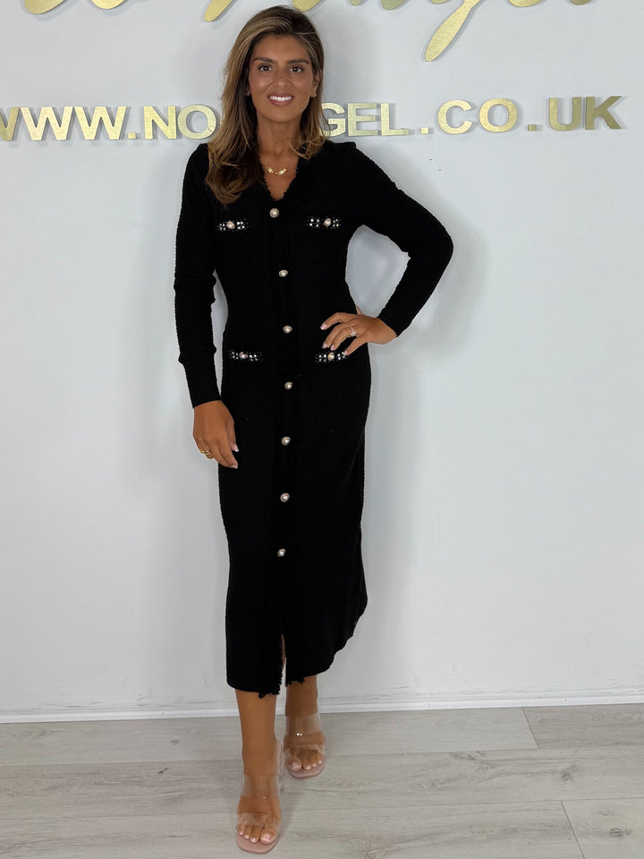 Knitted V-neck Pearl Button Front Split Midi Dress (2 Colours)