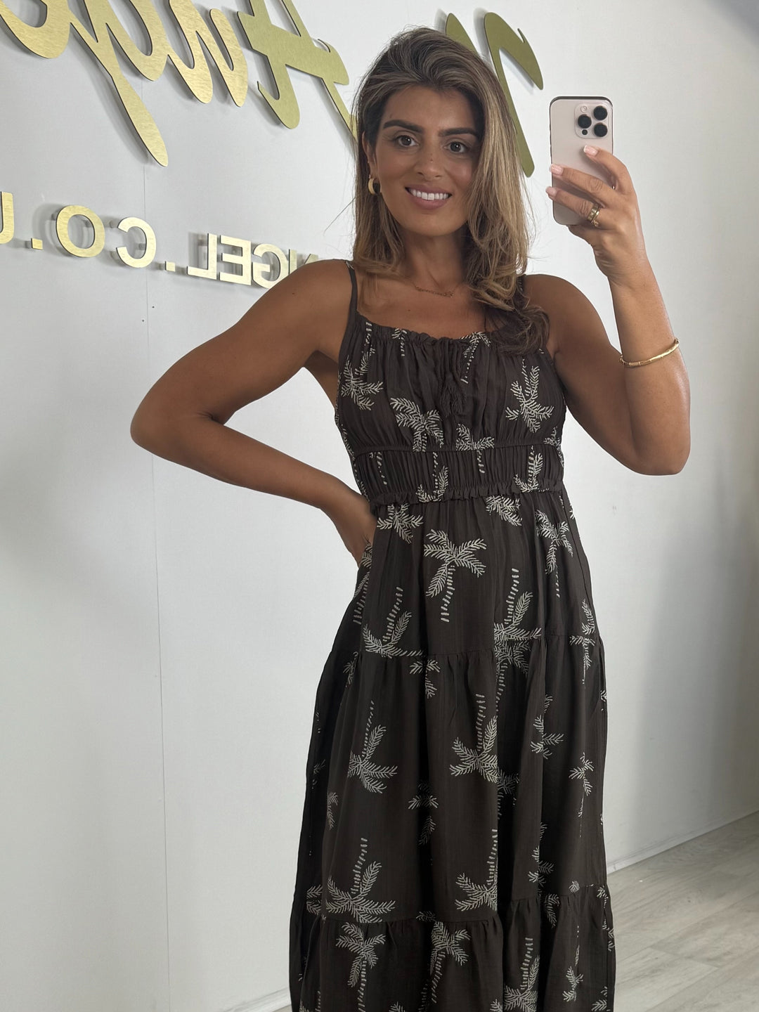 Spaghetti Strap Palm Tree Print Tiered Smocked Tassel Detail Midi Dress (2 Colours)
