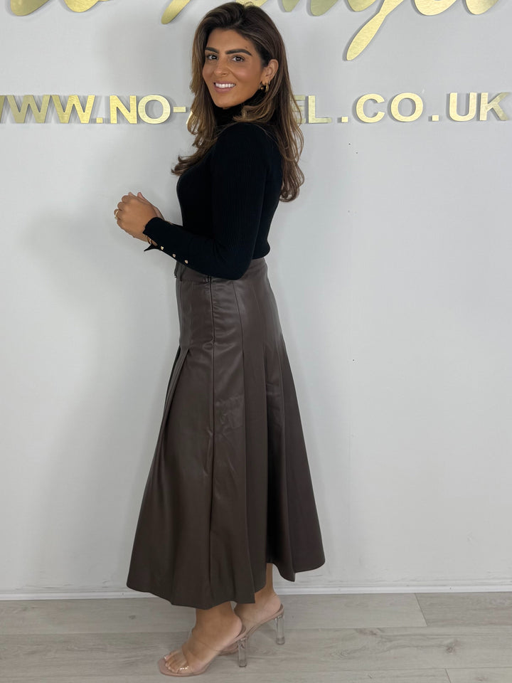 Faux Leather Long Pleated Belted Midi Skirt (2 Colours)