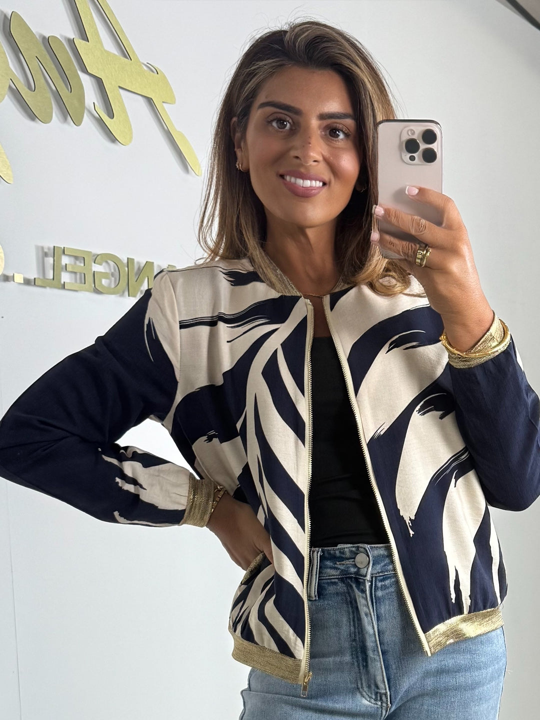 Printed Gold Trim Zip Up Bomber Jacket (2 Colours)