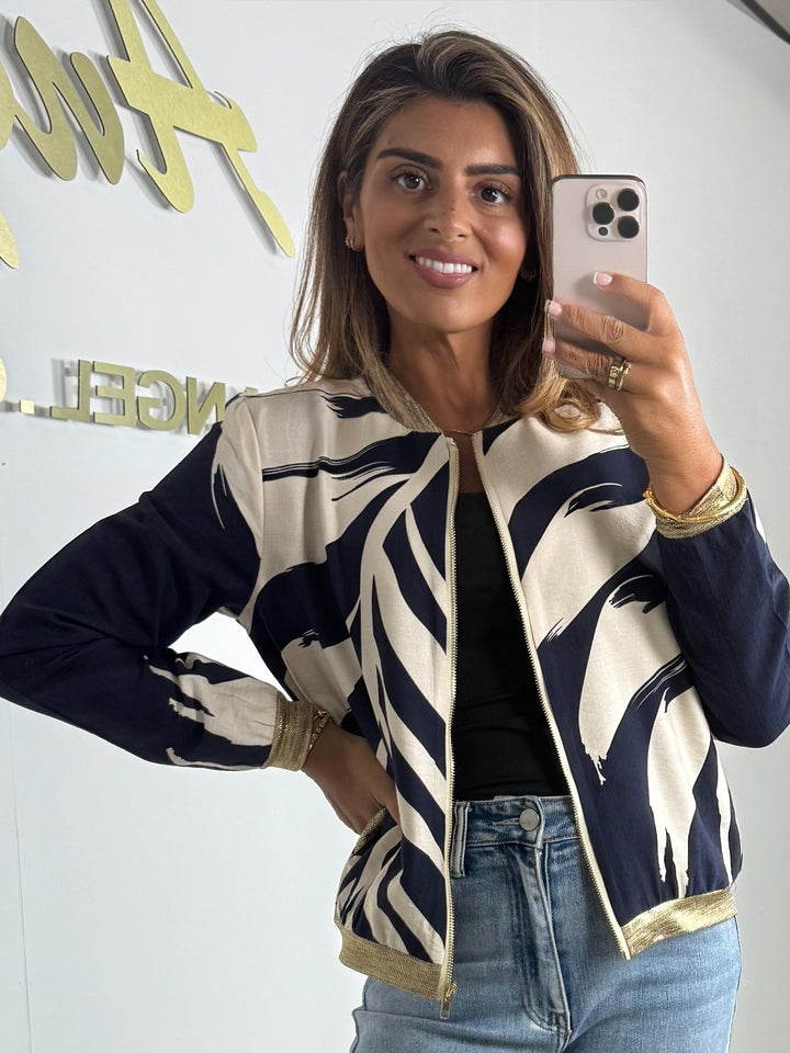Printed Gold Trim Zip Up Bomber Jacket (2 Colours)