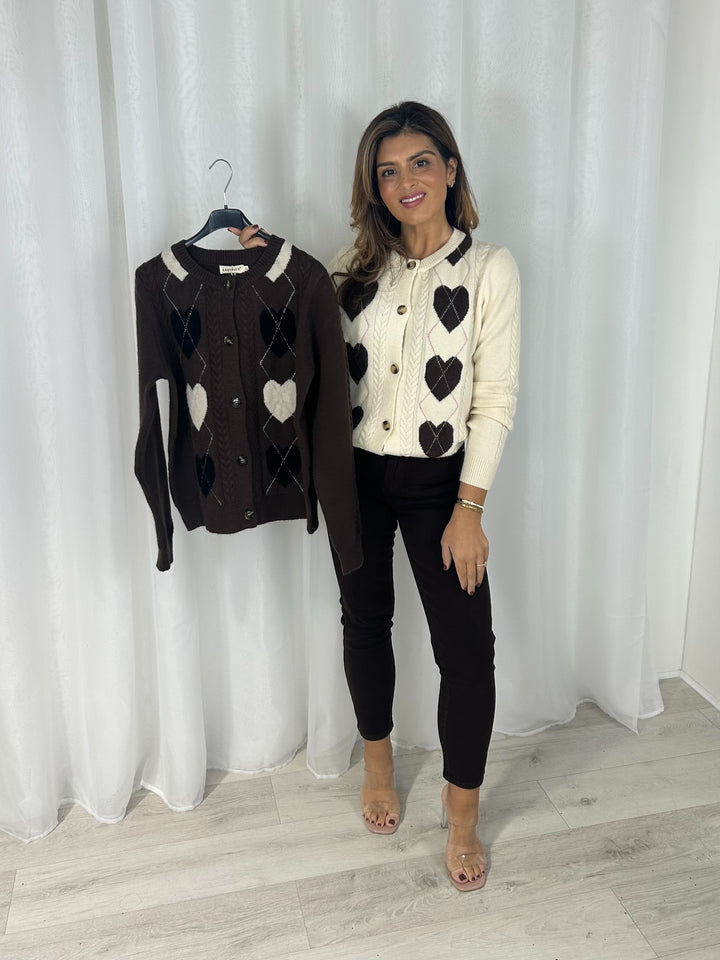 Cable Knit Heart & Diamond Design Soft Knit Cardigan (2 Colours)