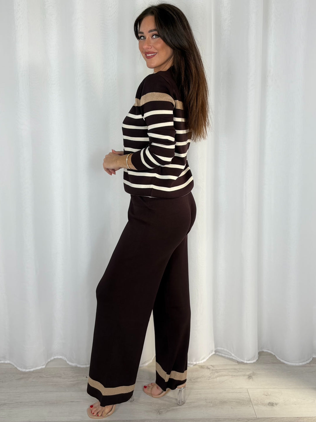 Striped Jumper With Gold Button Detail And Straight Leg Trouser Co-Ord (4 Colours)