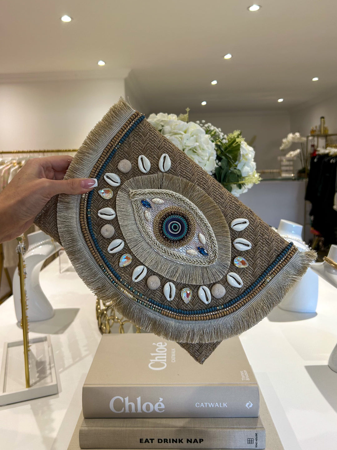 Evil Eye Shell Detail Clutch Bag