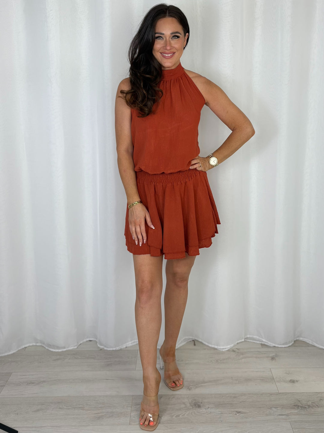 Halter Neck Crinkle/Shimmer Mini Dress (5 Colours)