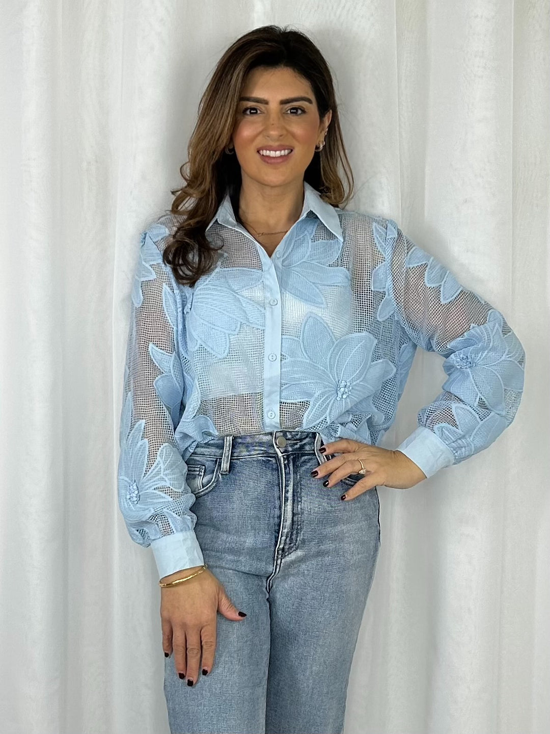 Oversized Mesh Flower Detail Collared Shirt (5 Colours)