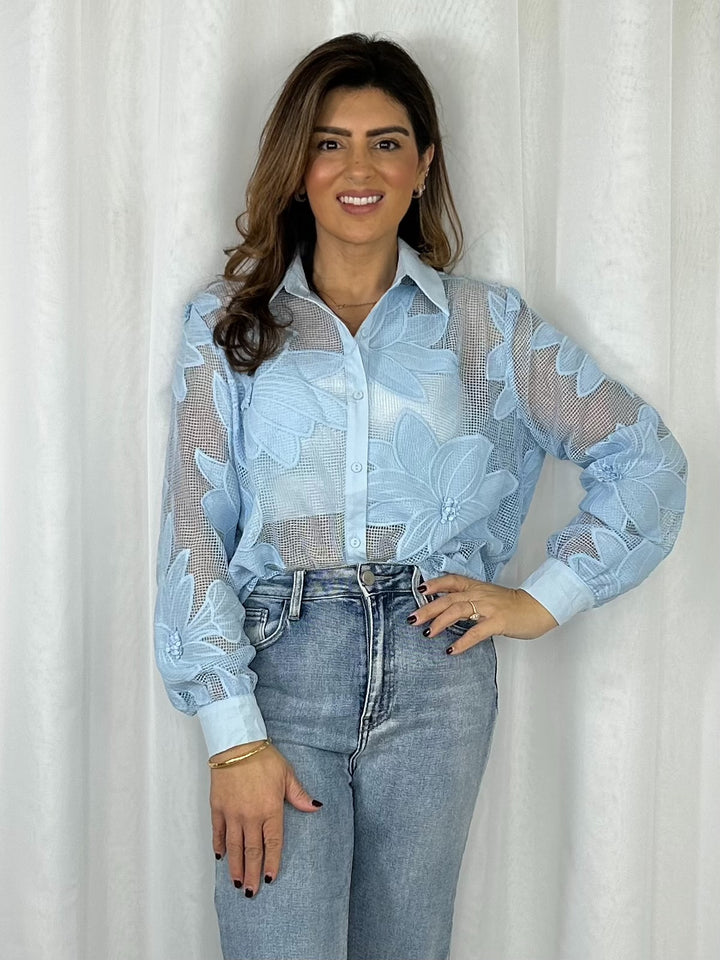 Oversized Mesh Flower Detail Collared Shirt (5 Colours)