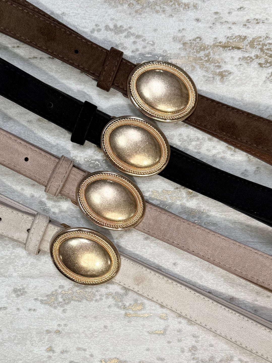 Large Gold Oval Buckle Suedette Belt