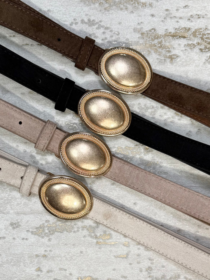 Large Gold Oval Buckle Suedette Belt