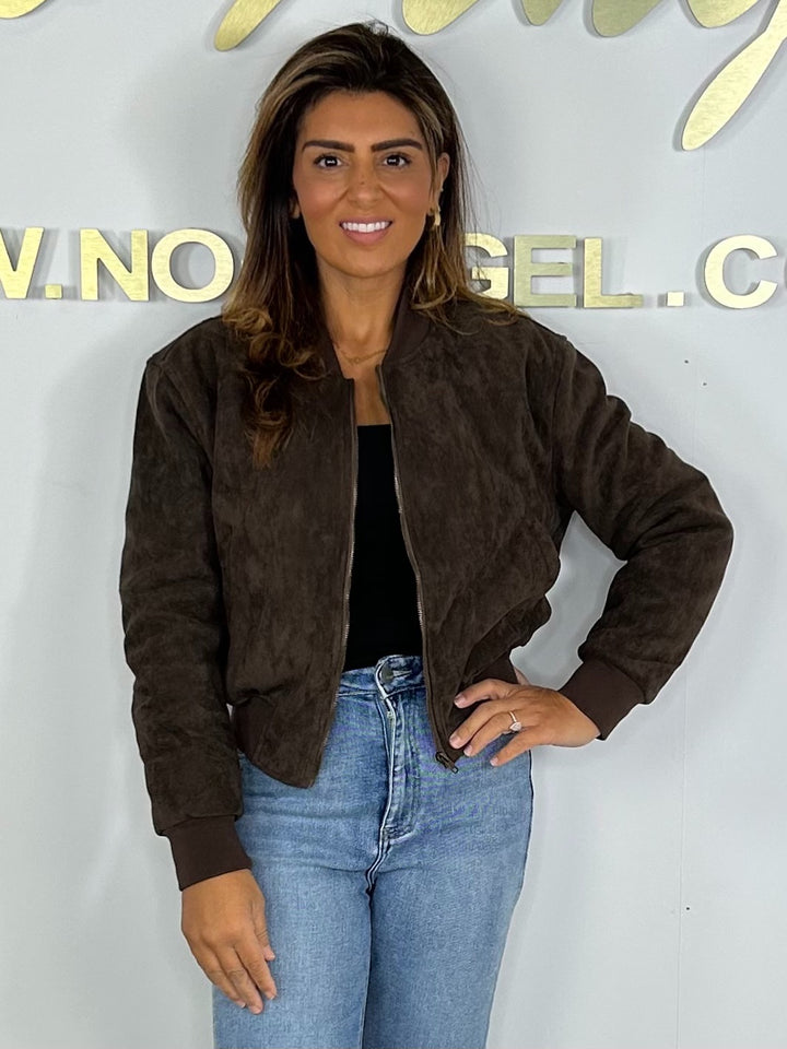 Chocolate Suedette Gold Hardware Bomber Jacket